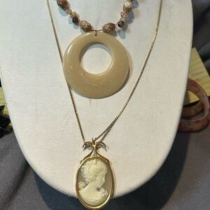 #27 Lot Two GoldTone Necklace 24” Vintage Cameo And A 16 Inch Beads Necklace